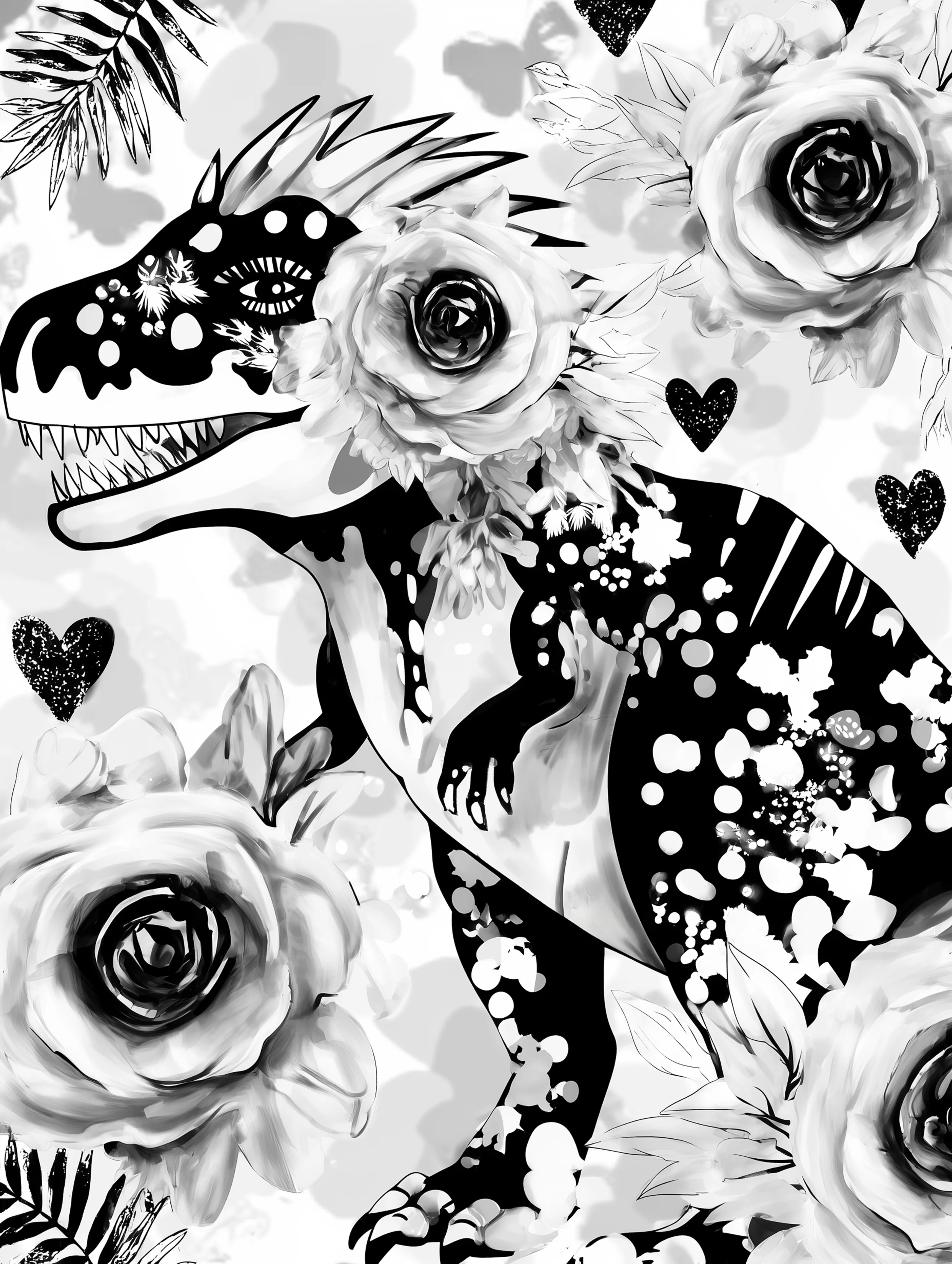 Free printable dinosaur coloring page for adults featuring a t rex with a flower on its ear